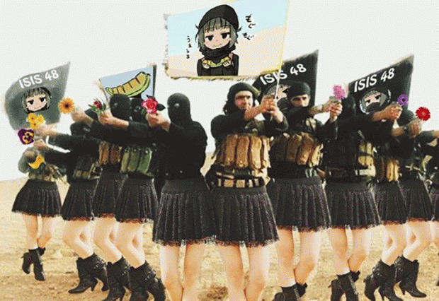 포토샵으로 편집된 사진은 스커트를 입고 꽃을 들고 있는 IS 테러리스트들의 모습을 보여준다. 여러 해커 단체가 IS를 놀리는 운동을 전개하고 있다. | cusois via Twitter
