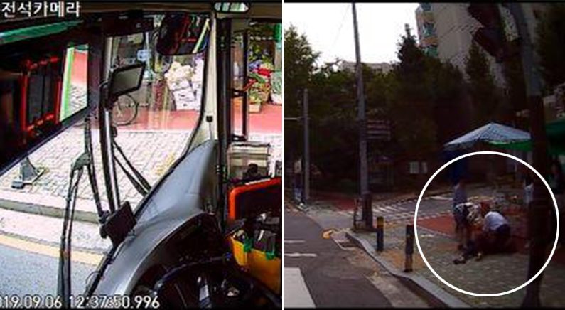 심폐소생술하는 한경평씨(오른쪽 사진)와 비어있는 버스 운전석 | 흥안운수 제공=연합뉴스