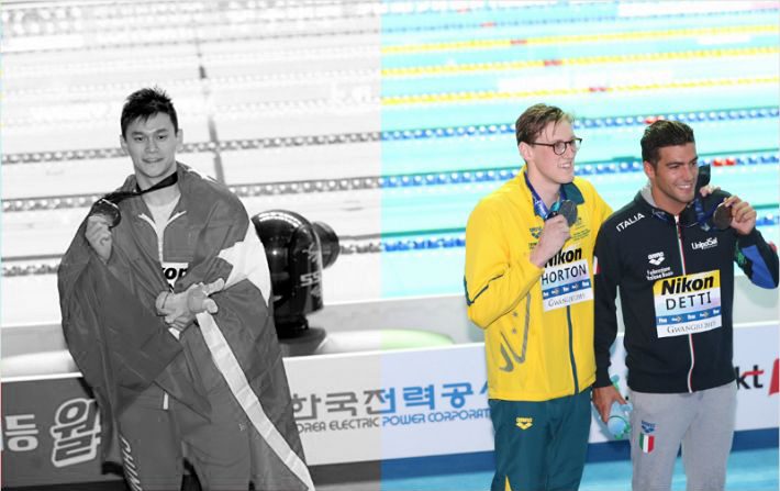 지난해 2019 광주세계수영선수권 대회 남자 자유형 400m 시상식에서 은메달을 차지한 호튼(사진 가운데)이 금메달리스트 쑨양(왼쪽)을 외면하고 동메달을 딴 데티와 기념 촬영을 하고 있다 | 사진=연합뉴스/ 그래픽=에포크타임스