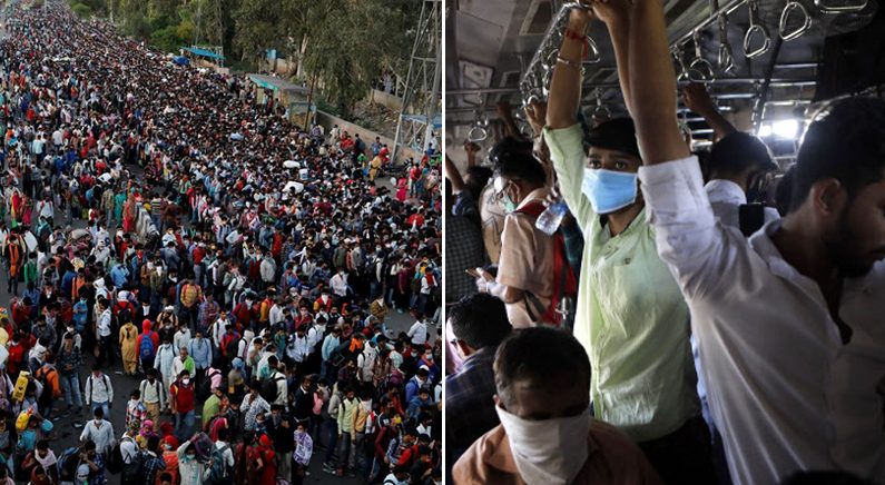 [좌] 지난 28일 인도 델리 인근 지역 도로에서 고향으로 돌아가려는 노동자 수십만명 | 로이터=연합뉴스 [우] 21일간 봉쇄령이 내려진 인도 뭄바이를 지나는 기차 속 북적이는 사람들 | AP=연합뉴스 [우] 