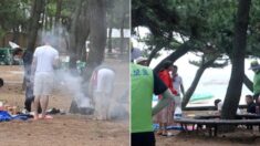 경포해변 소나무 숲에서 텐트 치고 고기 굽다 단속요원한테 걸린 피서객들