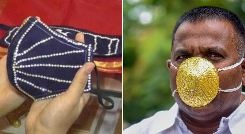 [좌] 인도의 한 보석상에서 판매되는 다이아몬드 장식 마스크 | ANI통신=연합뉴스 [우] 황금으로 제작된 마스크를 쓴 인도 기업인 샨카르 쿠르하데 | 연합뉴스
