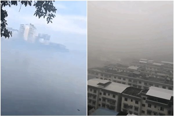 지난 18일 쓰촨성 러산시의 우퉁차오에서 가스 누출 사고가 발생해 지역 전체가 짙은 안개에 휩싸였다. | 에포크타임스에 제공됨.