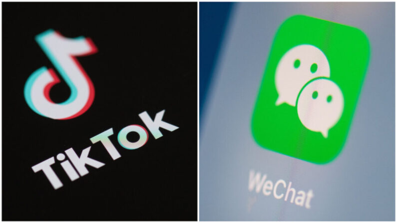 중국 동영상 공유앱 틱톡 로고(왼쪽)와 중국 메신저 위챗 로고(오른쪽) | Martin Bureau/AFP via Getty Images
