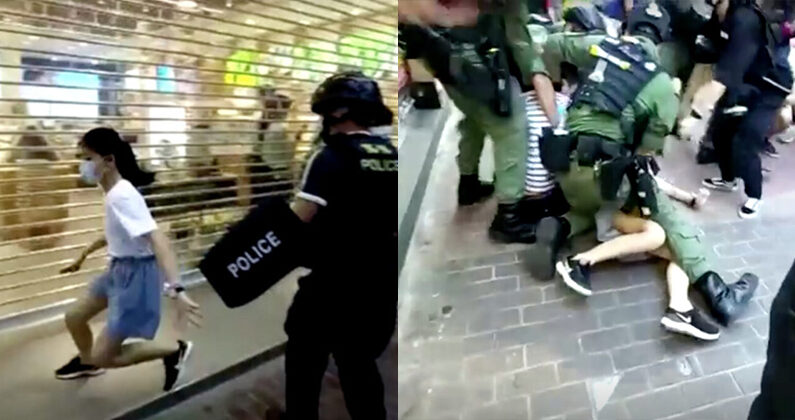 지난 6일(현지 시각) 홍콩에서 문구점에 가던 12세 소녀가 '불법 집회' 참가혐의로 체포돼 강경진압 논란이 빚어졌다. 소녀가 체포되는 장면 | 영상캡처=로이터/연합뉴스