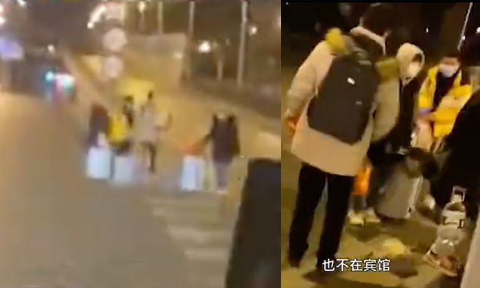 갈곳이 없어 밤거리를 떠도는 스자좡시 대학생들. 차량을 몰고 가던 시민의 도움을 받고 있다. | 화면 캡처