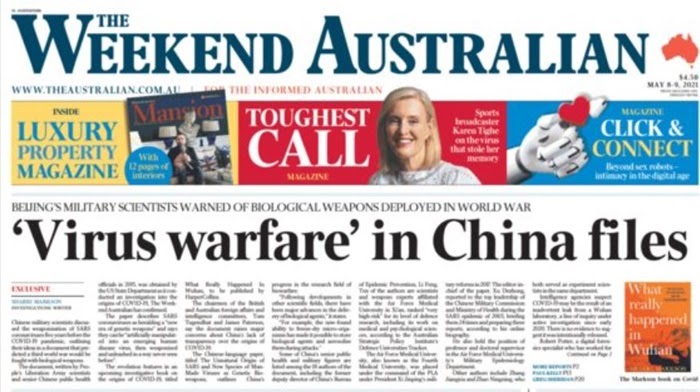 ‘중국 보고서 속의 바이러스 무기’를 1면 머리기사로 실은 호주 일간지 '더 오스트레일리언' 8일 자 주말판 지면. | 디 오스트레일리안 캡처