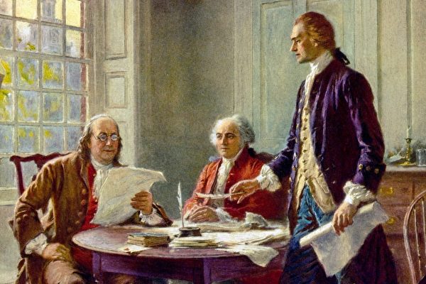 미국 건국의 여덟 번째 원칙은 ‘독립선언문’의 첫 문장인 “창조주는 모든 인간에게 태어날 때부터 지니는 권리를 부여했다”이다. 그림은 미국 화가 레온 제롬 페리(Jean Leon Gerome Ferris)의 작품인 '1776년 독립선언서를 쓰면서(Writing the Declaration of Independence, 1776)'으로, 미국 건국의 아버지인 토머스 제퍼슨(Thomas Jefferson, 오른쪽), 벤자민 프랭클린(Benjamin Franklin, 왼쪽), 존 애덤스(John Adams, 가운데)가 함께 독립선언문 초안을 작성하는 모습을 담고 있다. | 퍼블릭 도메인