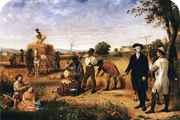 미국 화가 주니어스 브루투스 스턴스(Junius Brutus Stearns)이 1851년 미국 건국의 아버지 조지 워싱턴(George Washington)이 마운트 버넌(Mount Vernon) 농부들과 함께 있는 모습을 그린 작품. | 퍼블릭 도메인
