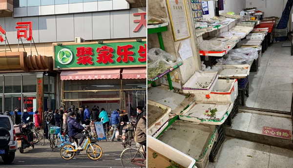 중국 톈진에서 확진자 발생 후 사람들이 수퍼마켓 앞에 물건을 구매하기 위해 줄을 섰다(좌), 물건이 동난 식료품점 내부 | 웨이보
