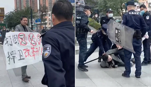 중국 광둥성 선전시의 뤄후(羅湖)구에서 한 남성이 "시진핑 타도, 개혁개방 사수"를 외쳤다가 경찰에 체포됐다. 중국 온라인에서는 "영웅"이라는 반응이 이어졌다. | 웨이보