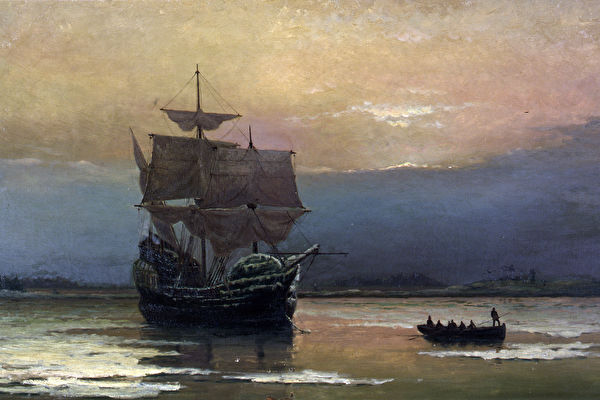 추수감사절은 1620년, 메이플라워호를 타고 잉글랜드 플리머스에서 출발한 청교도들이  매사추세츠 플리머스 식민지에 도착하면서부터 시작됐다. 위 그림은 1882년 윌리엄 할샐(William Halsall)이 그린 ‘플리머스 항구의 메이플라워호’. | 퍼블릭 도메인