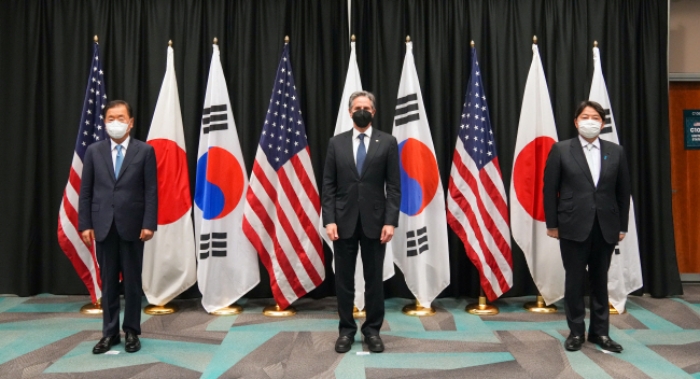 정의용 외교부 장관, 토니 블링컨 미국 국무장관, 하야시 요시마사 일본 외무상(왼쪽부터) | 외교부 제공