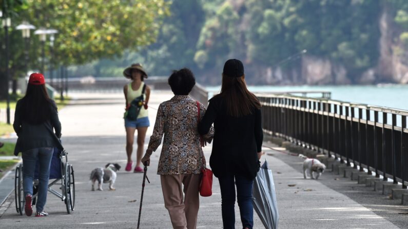 2016년 9월 29일 싱가포르의 한 공원에서 요양보호사가 할머니와 함께 걷고 있다. | ROSLAN RAHMAN/AFP via Getty Images