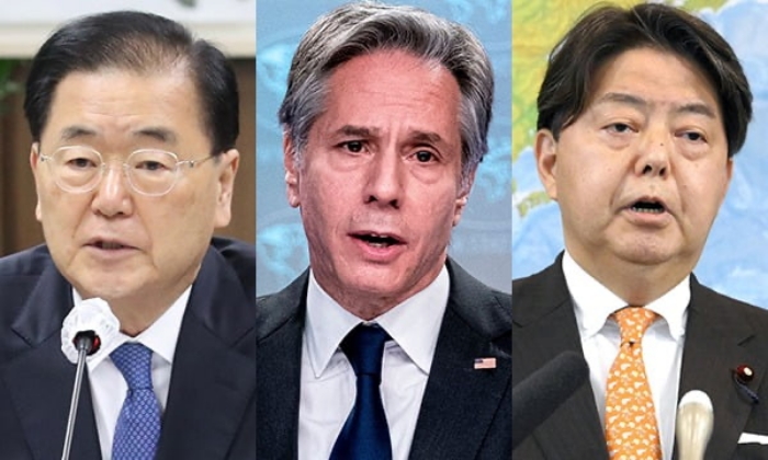 정의용 한국 외교부 장관·토니 블링컨 미국 국무장관·하야시 마사오 일본 외무상(왼쪽부터) | 연합뉴스