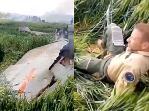 지난 23일 중국 허난성 농촌지역에 중국 인민해방군 전투기가 추락한 가운데, 낙하산으로 탈출한 조종사 2명 중 한명이 러시아인이라는 추측이 제기됐다. 사진은 소식과 함께 공유된 현장 촬영 영상 캡처 화면 | 트위터