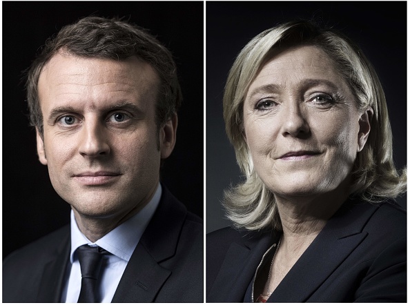 2017년 4월 23일 프랑스 대선후보 에마뉘엘 마크롱과 마린 르펜이 포즈를 취하고 있다. | JOEL SAGET,ERIC FEFERBERG/AFP via Getty Images