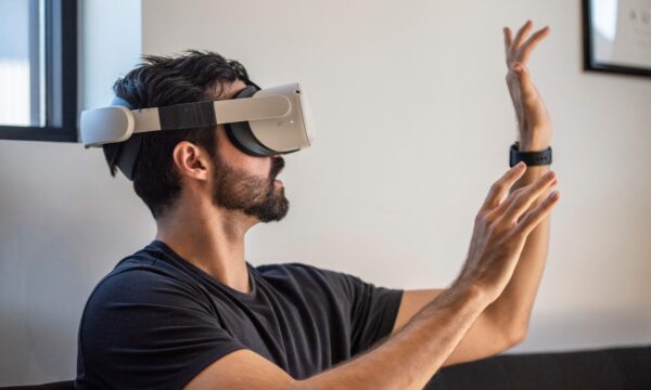 미국 텍사스주 오스틴의 한 회사에서 한 남성이 가상현실(VR) 헤드셋을 착용한 채 메타버스 기술을 응용한 가상회의 등 시연회가 진행됐다. 2022.1.28 | SERGIO FLORES/AFP via Getty Images=연합