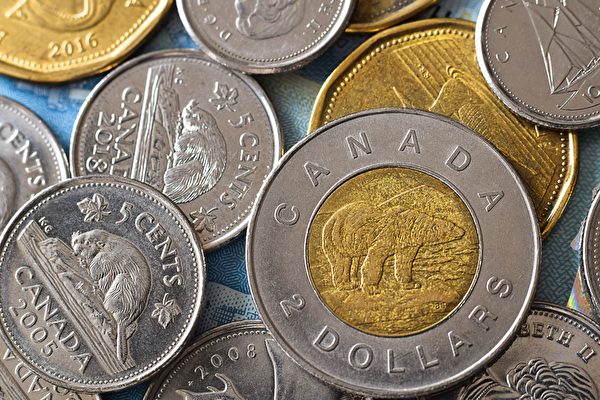 캐나다의 동전들. 가운데 북극곰 문양이 들어간 구리 동전에 외곽은 니켈로 감싸여진 동전이 2 캐나다 달러짜리 동전이다. | 셔터스톡