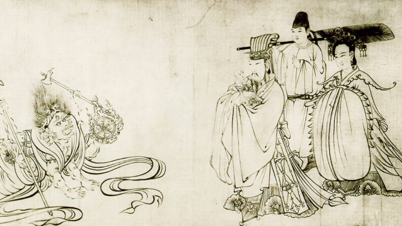 당나라 오도자(吳道子)의 그림으로 알려진 석가강생도. 일본 국립 오사카 시립미술관 소장. | 퍼블릭 도메인