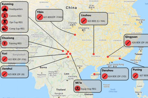 중국 윈난성에 있는 중국 로켓군 제62 기지의 지도 | 미군이 발표한 '중국 로켓군 보고서' 캡처