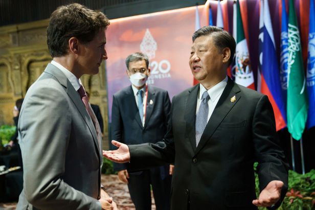 시진핑(왼쪽) 중국 국가주석이 16일 인도네시아 발리에서 열린 주요 20국(G20) 정상회의 연회에서 쥐스탱 트뤼도 캐나다 총리에게 둘 사이의 대화가 언론에 알려진 것에 항의하고 있다. | 연합뉴스