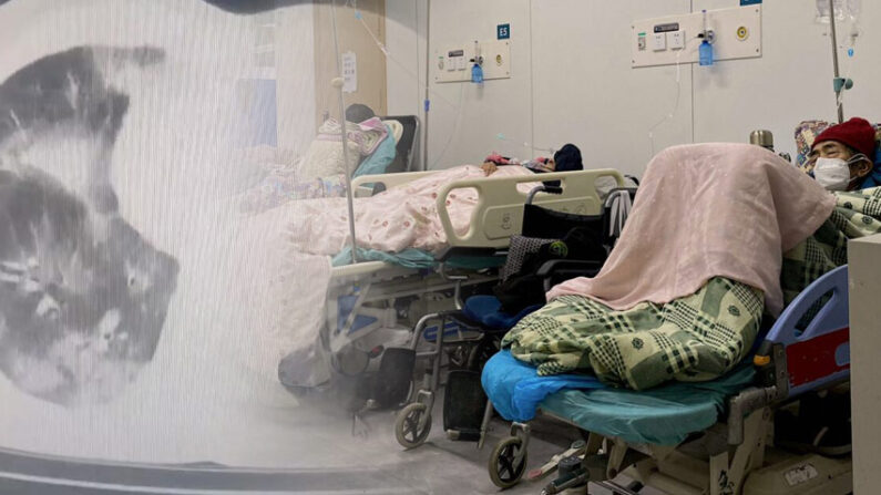 [좌] 백색 폐증 CT사진; [우] 지난 12월 28일 중국 톈진의 한 병원 병상에 코로나19 감염자들이 누워 있다. | 연합뉴스; Noel Celis/AFP via Getty Image