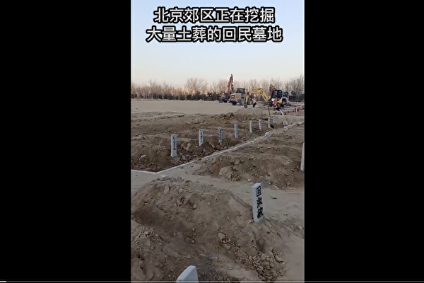 1월 3일, 베이징 교외에 집단으로 매장된 회족(回族) 자치구 주민의 시신을 굴착기로 파내는 장면. 발굴한 시신은 개별적으로 묻고 간이 묘비를 세워 놓았다. 이 사진은 한 네티즌이 제보했다. | 영상 캡처