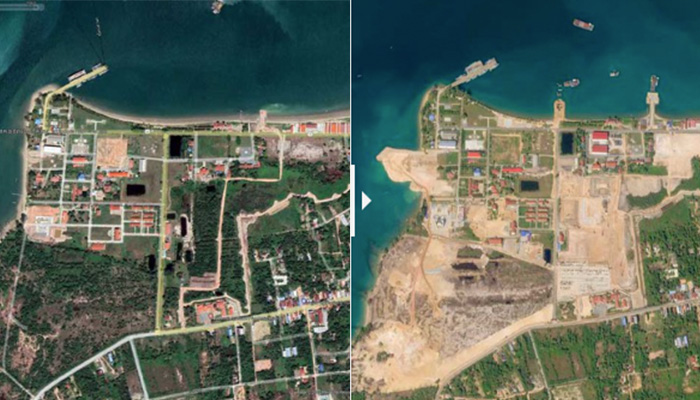 캄보디아 레암 해군기지의 위성 사진을 비교하면 2022년 7월 1일(왼쪽)과 2023년 1월 28일 사이에 상당한 변화가 일어난 것을 확인할 수 있다. 넓은 지역 두 곳이 정리됐고(왼쪽 및 중앙), 바다에서 도 한 덩어리 지역이 매립됐다(왼쪽) | 사진: Maxar Technologies(왼쪽)&RFA 분석이 포함된 Planet Labs 사진(오른 쪽), 에포크타임스 합성