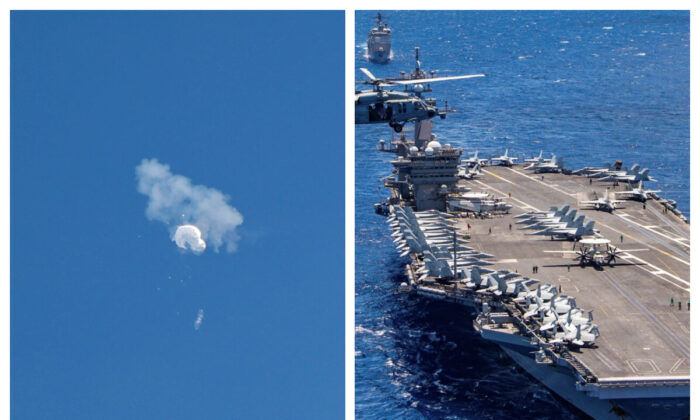 [좌] 2023년 2월 4일 사우스캐롤라이나주 서프사이드 비치 해안에서 격추된 후 바다로 떠내려가는 중국 열기구, [우] 미 해군 항공모한 USS 칼빈슨호 | Randall Hill/Reuters/연합뉴스;  U.S. Navy via AP/연합뉴스