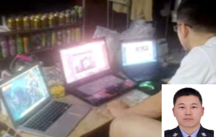 중국 공안부 ‘912 특별 프로젝트 실무그룹' 소속 중국 공안 가오훙팅(高宏亭)이 노트북 3대를 가동해 온라인 작업을 하는 모습. | 미 법무부 공소장 자료, 에포크타임스 편집