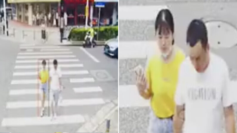 자신을 상하이 시민이라고 밝힌 중국인 여성(노란색 상의)이 올린 보행신호 위반 장면. | 위챗 화면 캡처 