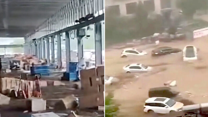 중국 베이징이 태풍 '독수리'의 여파로 28일부터 내린 비에 잠겼다. 사진은 물바다가 된 베이징의 한 물류센터(왼쪽)와 급류에 떠내려가는 차량들(오른쪽). | 소셜미디어 화면 캡처