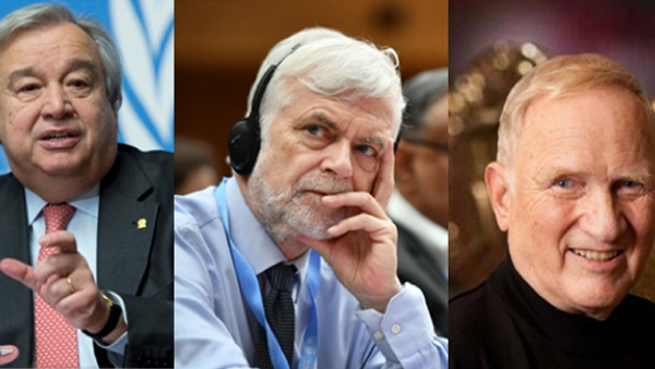 안토니우 구테흐스 유엔 사무총장(왼 쪽), 새 의장으로 선출된 IPCC 의장 짐 스키(Jim Skea) 영국 임페리얼 칼리지 교수 (중간), 2022년 노벨물리학상 수상자 존 클라우저 박사(오른쪽). | 인터넷 사진, 에포크타임스 편집. 