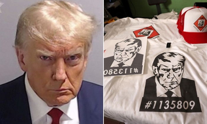 [좌] 도널드 트럼프 전 미국 대통령의 머그샷, [우] 머그샷을 바탕으로 제작된 티셔츠들｜연합뉴스