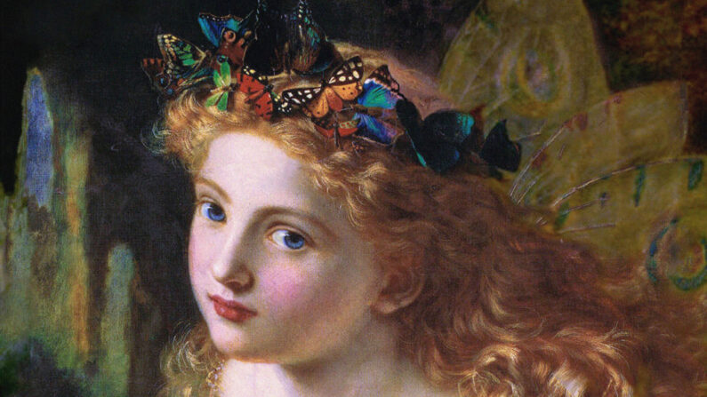 '아름다운 여성의 얼굴을 취하고, 나비, 꽃, 보석이 함께 부드럽게 매달려 당신의 요정은 가장 아름다운 것들로 만들어졌다’(19세기)의 일부, 소피 젠젬브르 앤더슨. 캔버스에 오일 | 공개 도메인
