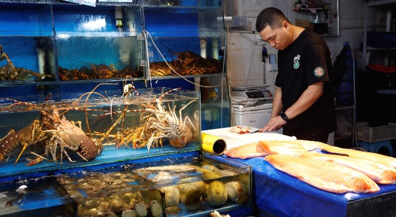 중국 베이징의 한 수산물 시장에서 상인이 해산물을 손질하고 있다. | 연합뉴스