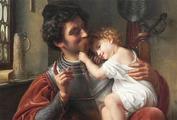 ‘전사와 그의 아이’(1832), 테오도르 힐데브란트. 캔버스에 오일. 베를린 구국립미술관 | 공개 도메인