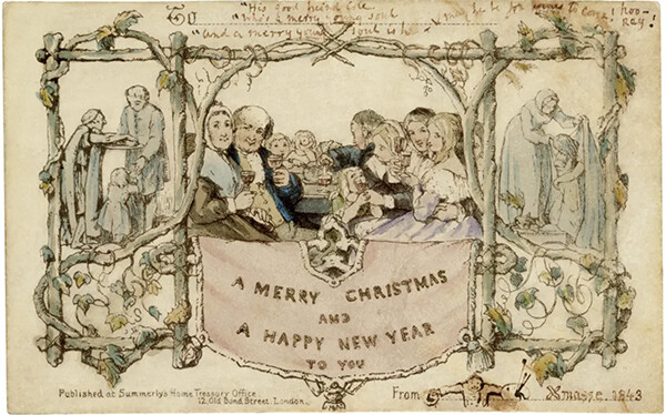 ‘크리스마스 카드’(1843), 헨리 콜 의뢰로 존 콜콧 호슬리가 제작함. 런던 빅토리아 앤 앨버트 박물관 | 공개 도메인