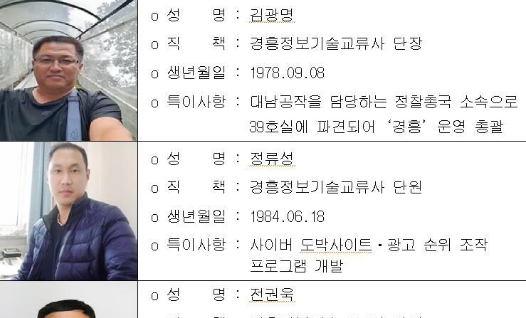 북한 경흥정보기술교류사 주요 조직원 신상 | 국가정보원 제공
