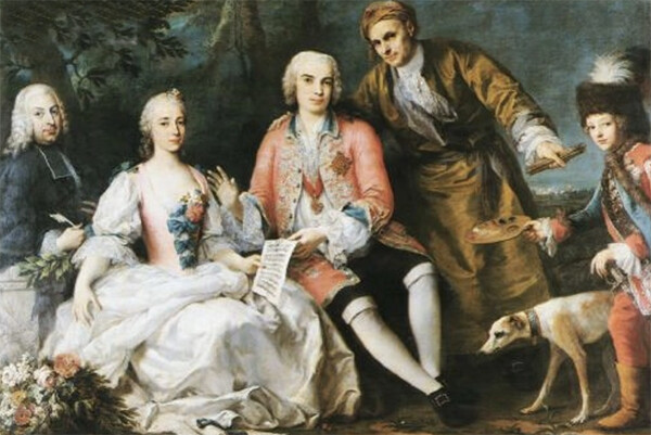 ‘가수 파리넬리와 친구들’(1740), 야코포 아미고니. (왼쪽에서 세 번째가 파리넬리) | 공개 도메인