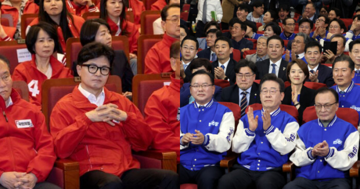 국민의힘(좌)과 더불어민주당이 개표상황실에서 선거 개표 방송을 지켜보는 모습 |  연합뉴스
