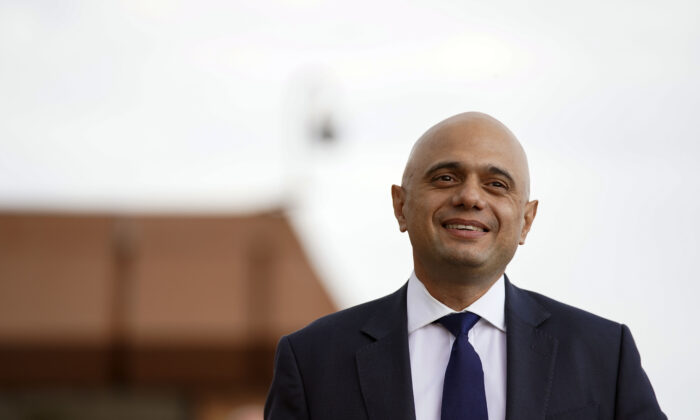 Health Secretary Sajid Javid during a visit to the Bournemouth Vaccination Centre, in Bournemouth, Dorset, United Kingdom, on Aug. 4, 2021. (Steve Parsons/PA)